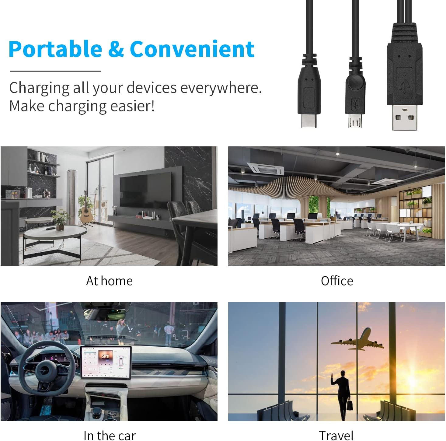 USB 2.0 A Male to Type C & Micro USB Charging Splitter Cable