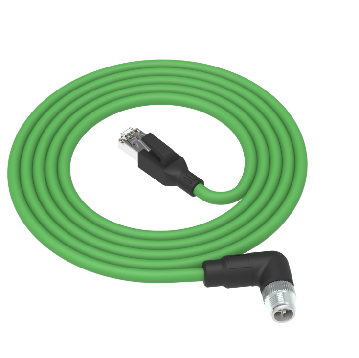 Green Ethernet cable with black connector on a white background