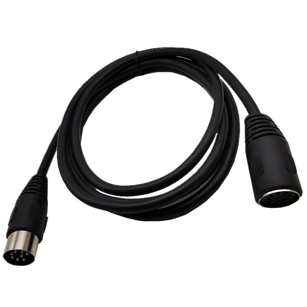 Black audio cable with connectors on a white background