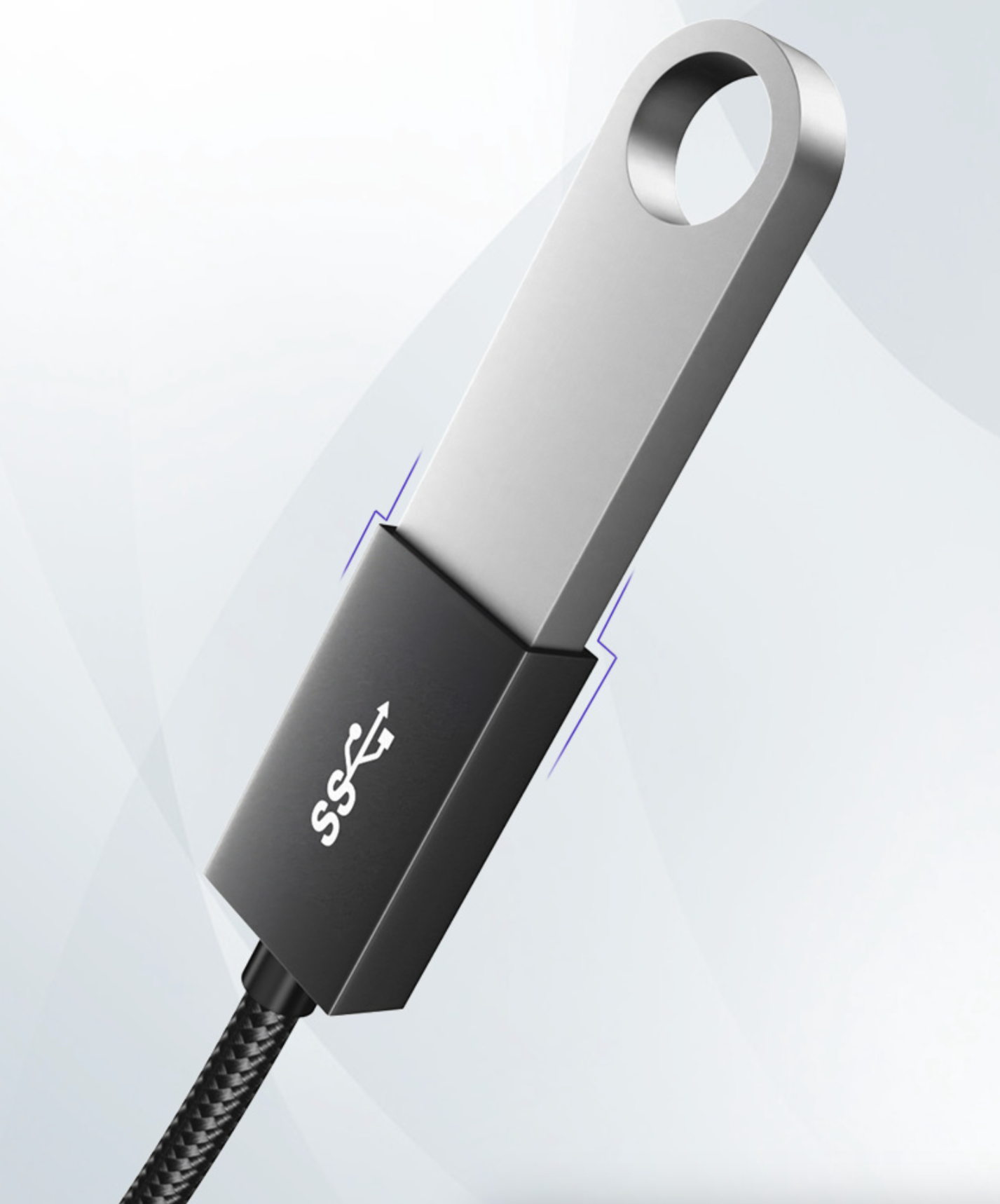 USB cable with a metallic connector on a light gray background