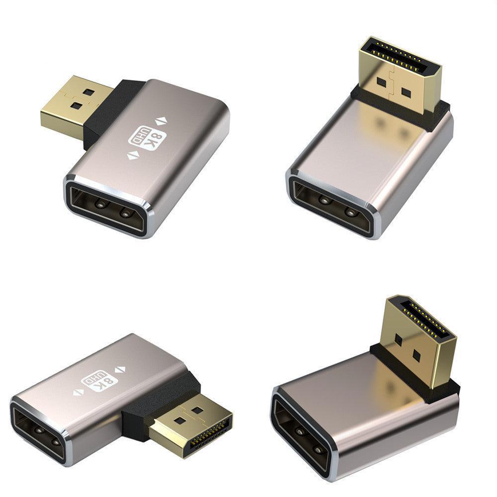 A collection of four DisplayPort 1.4 male to female adapters with gold plated connectors, showing different angles of connection.