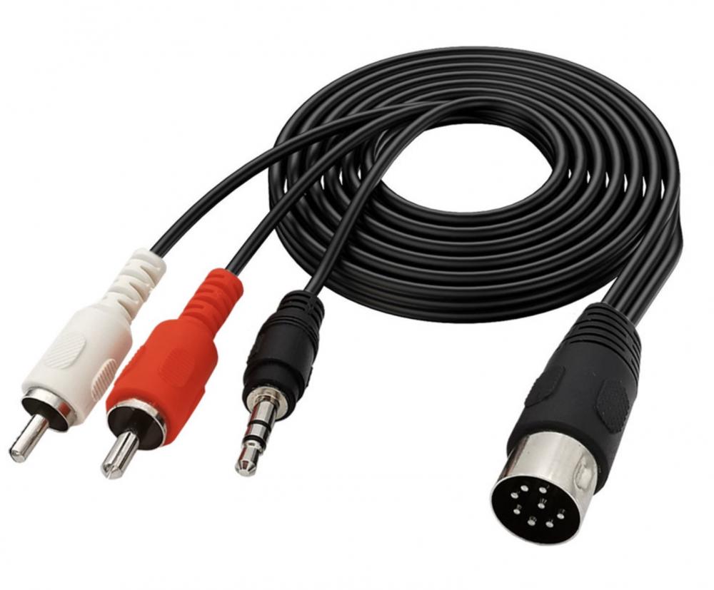 A black cable with an 8-pin din male connector on one end, a dual RCA male connector on another, and a 3.5mm male jack on the third end.