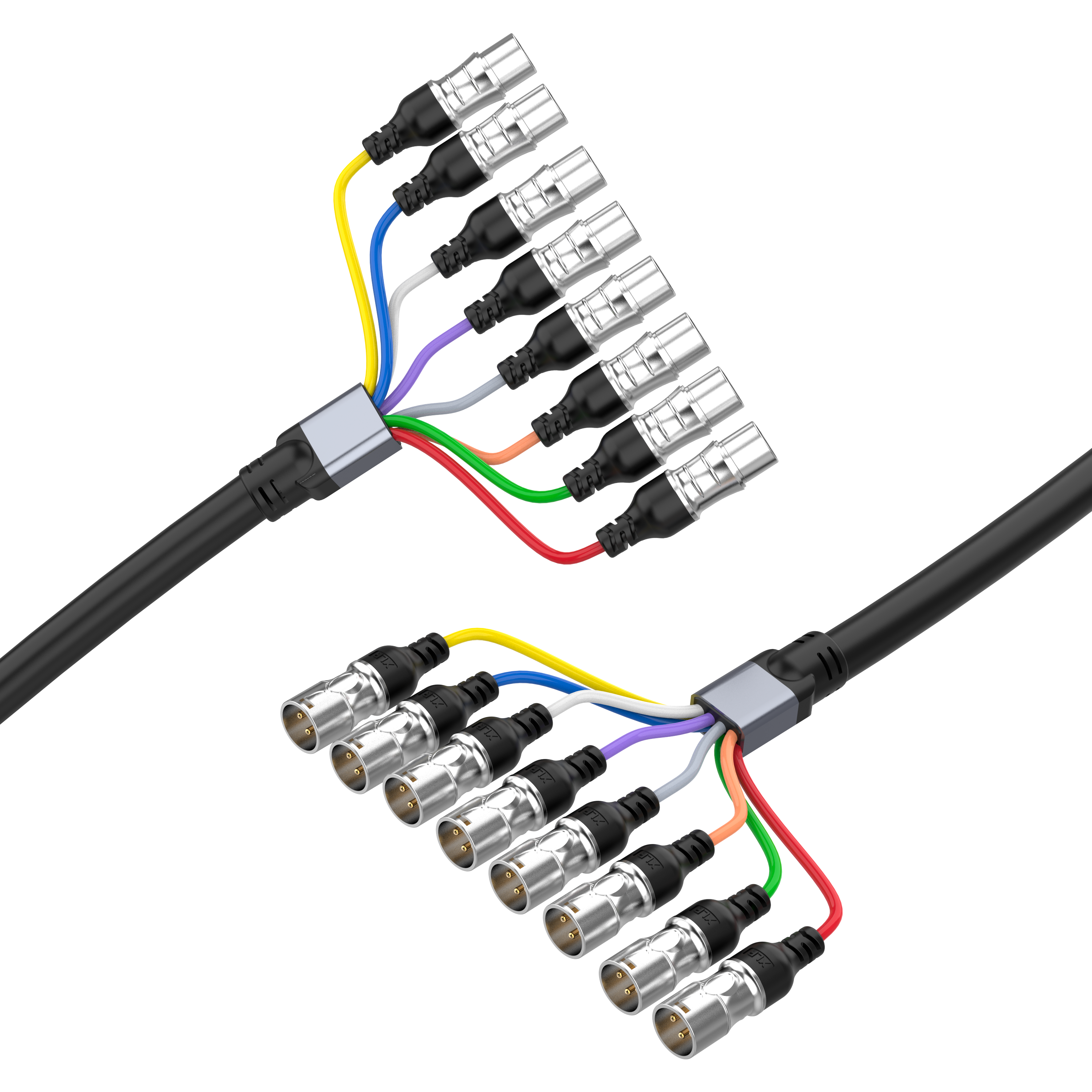 8 way XLR male to XLR female snake cable with colour coded fan out for professional live sound and studio audio routing