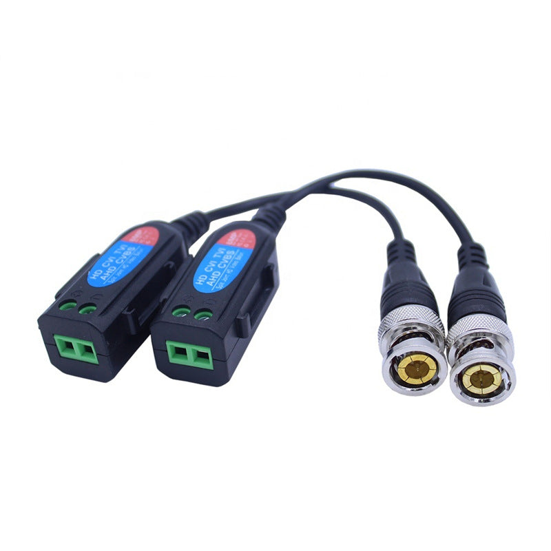 8MP CCTV video balun pair with BNC male connectors and 2-wire terminals