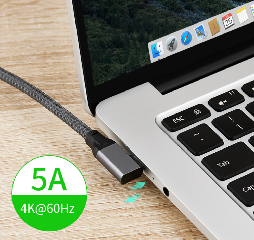 USB-C extension cable with side-elbow connector, 100W PD, 20Gbps data, and 4K support