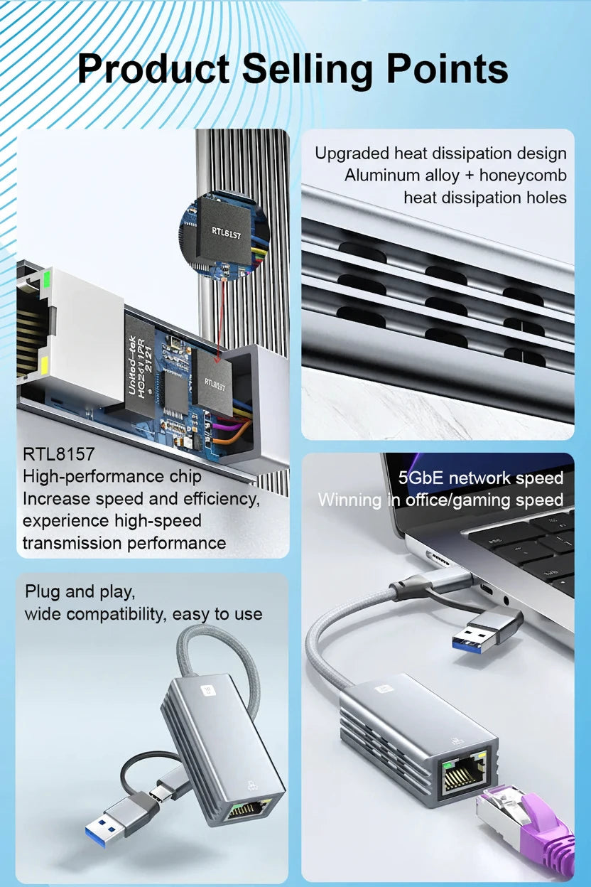 Aluminium alloy USB-C Ethernet adapter with heat dissipation design