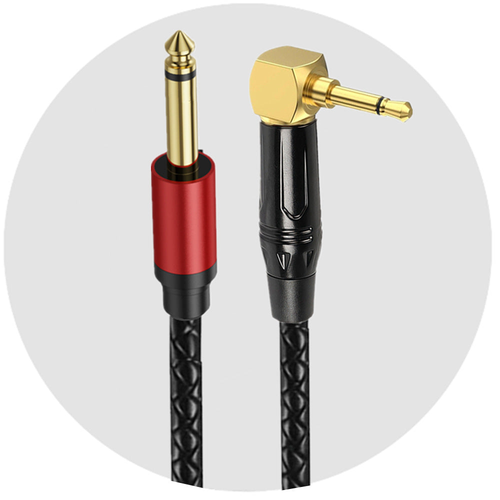 Two audio cables with gold and red connectors on a white background