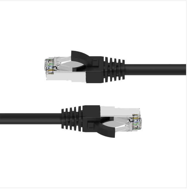 Two black Ethernet cables with connectors on a white background