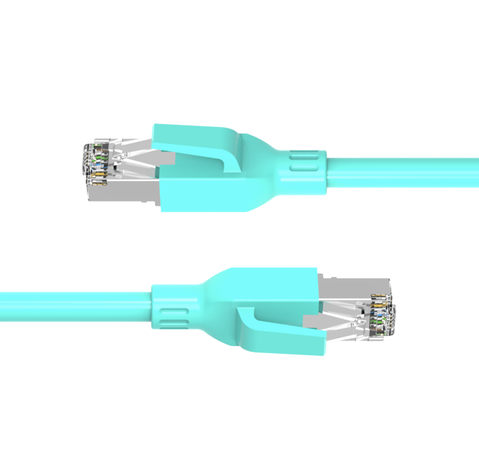 Two turquoise Ethernet cables with metallic connectors on a white background