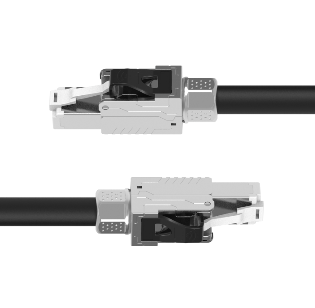 Metallic cable connector with black cable on a white background