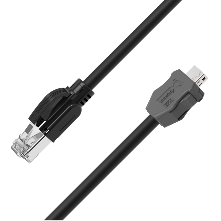 Black Ethernet cable with a gray connector on a white background