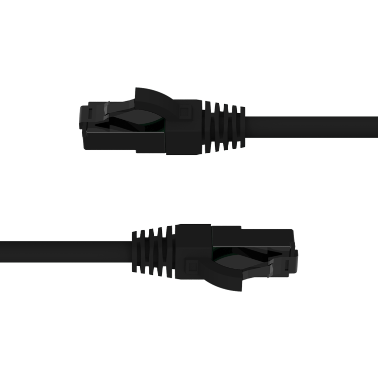 Two black Ethernet cables with connectors on a white background