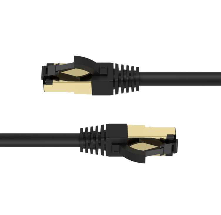 Two Ethernet cables with black connectors on a white background
