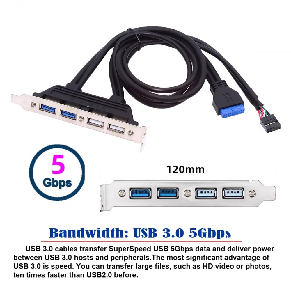 Internal USB 2.0 & USB 3.0 4-Port Female Panel Mount Cable to 9-Pin + 20-Pin Motherboard Header – 50cm with PCI Bracket