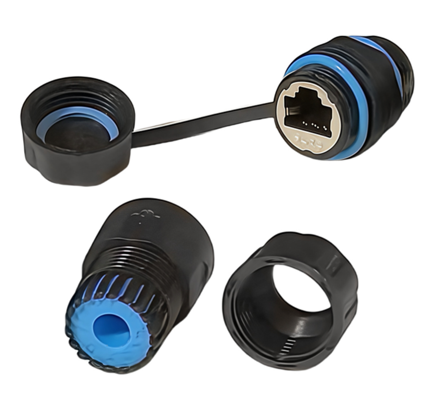 Black and blue Ethernet cable connector on a white background