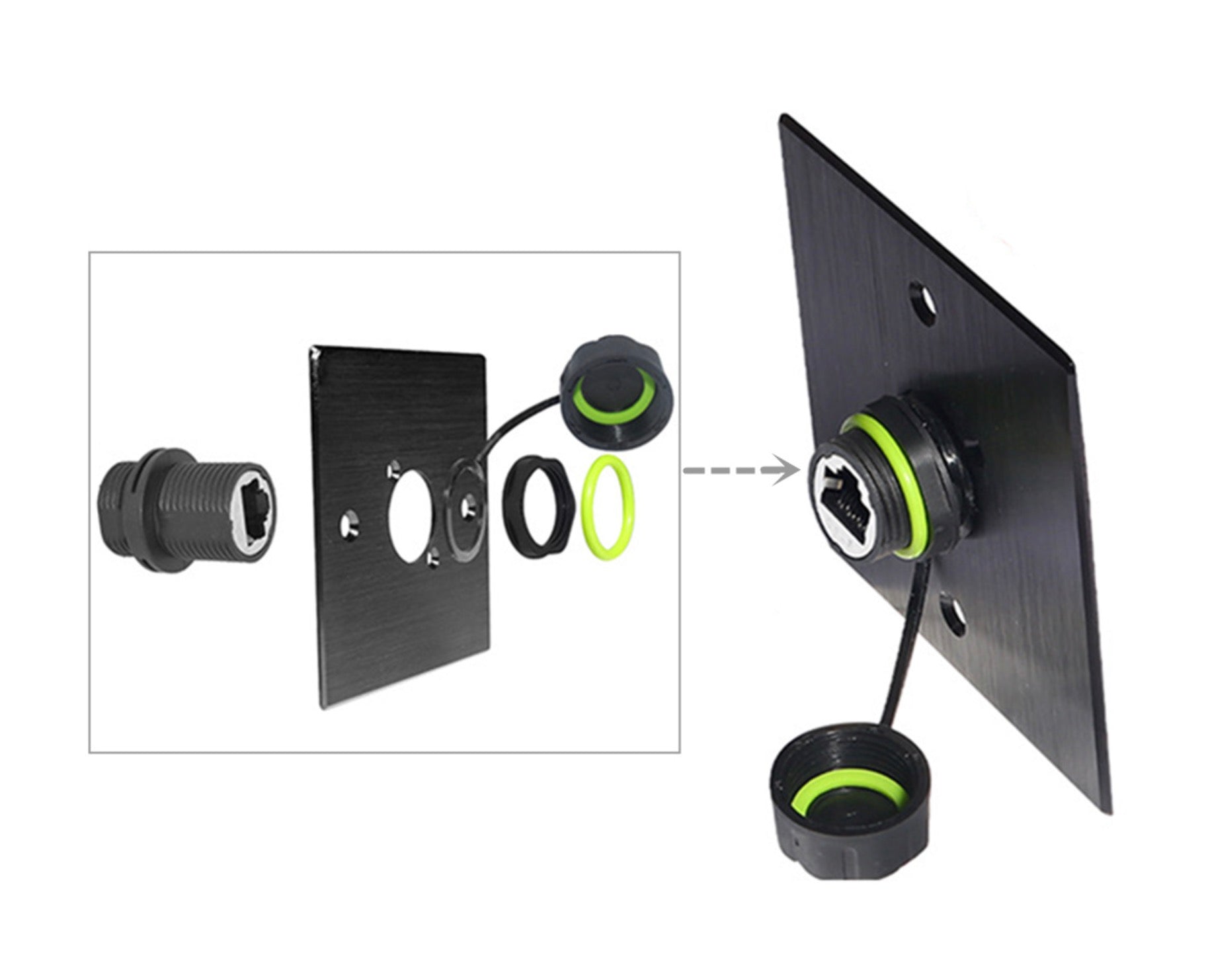 Black mounting plate with circular component and green accents on a white background.