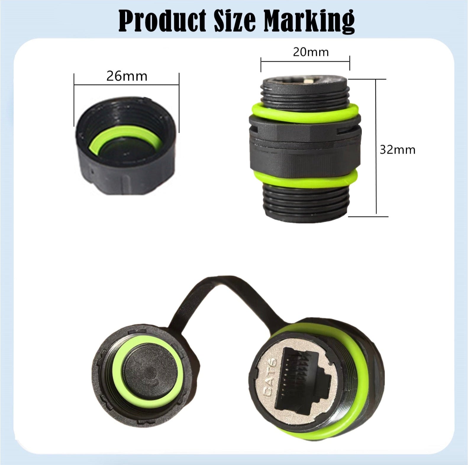 Garden hose fitting with size markings on a light blue background