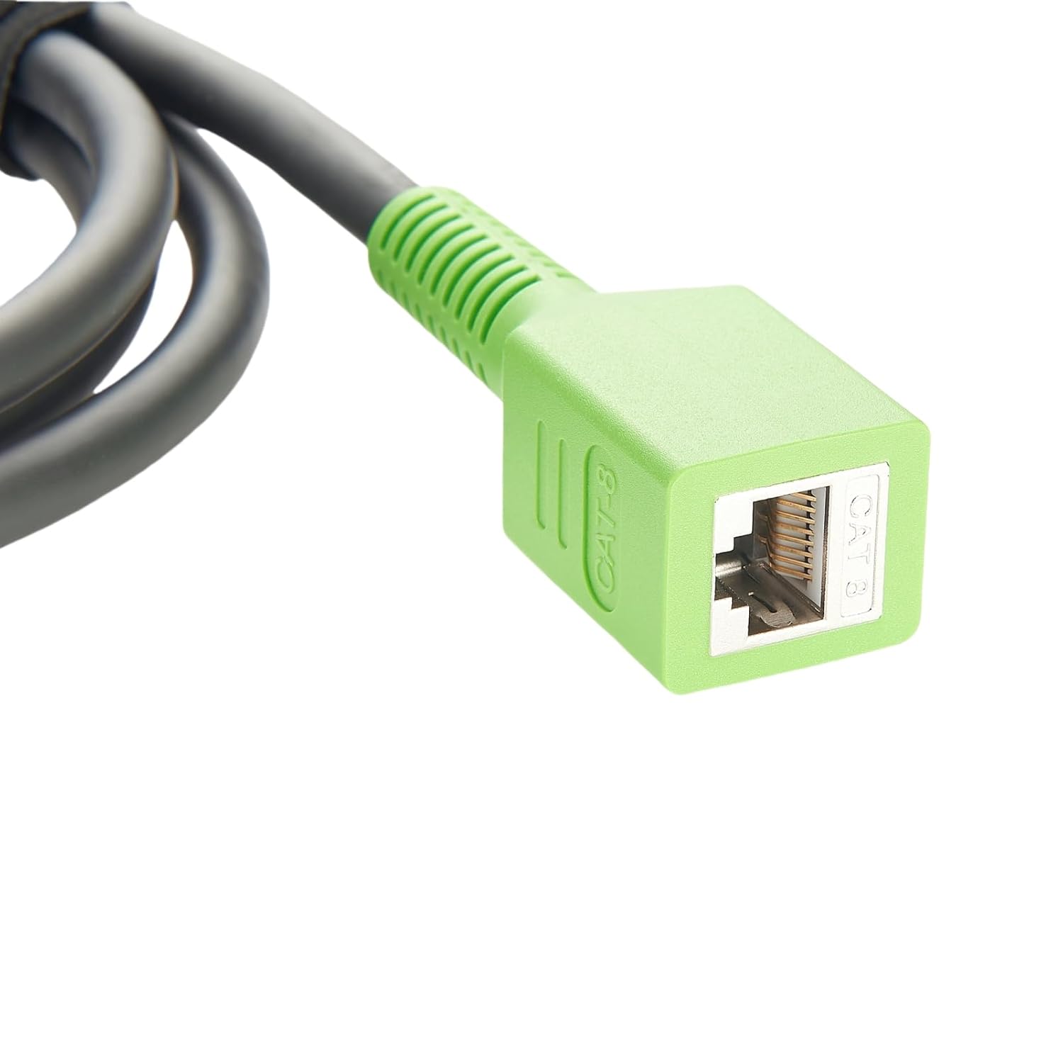 Green Ethernet cable connector on a white background