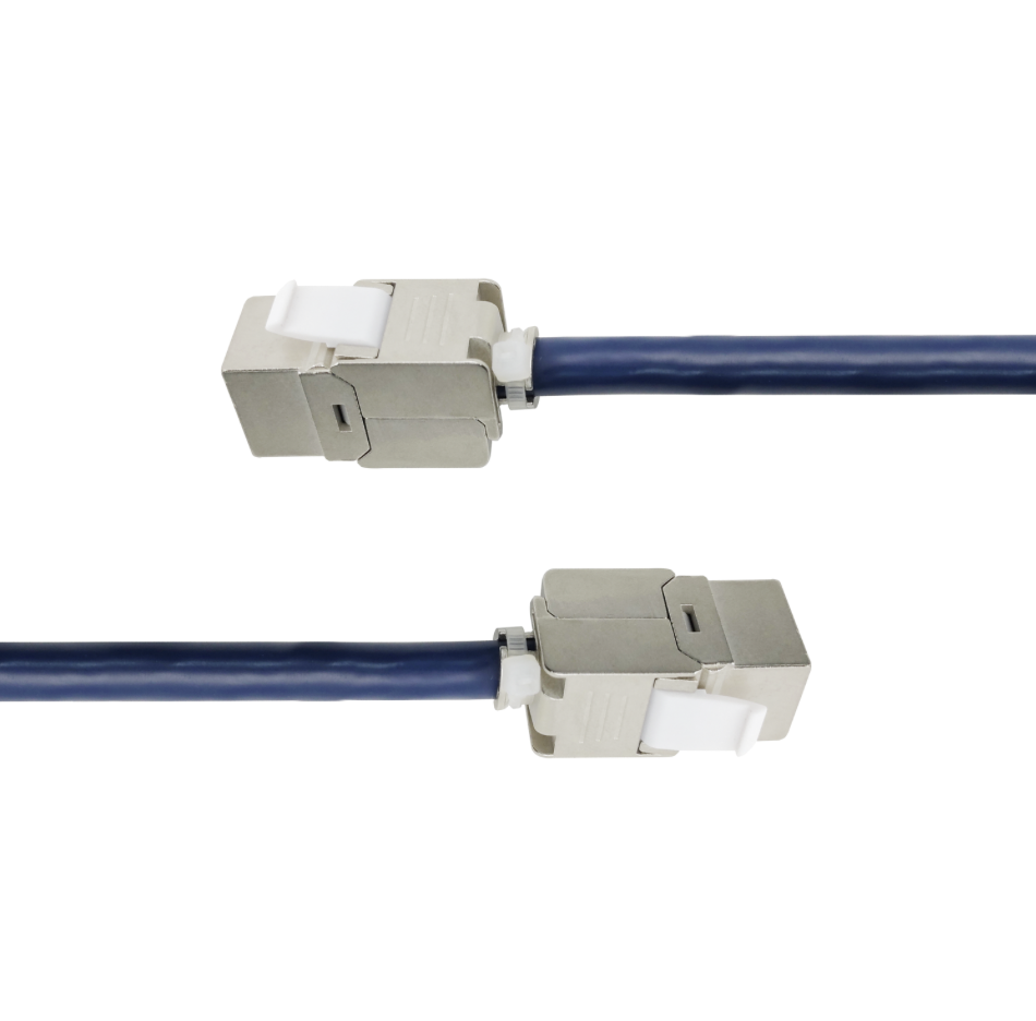 Two connectors attached to a blue cable on a white background