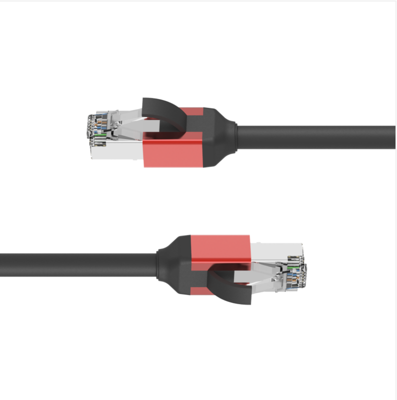 Two Ethernet cables with red and black connectors on a white background