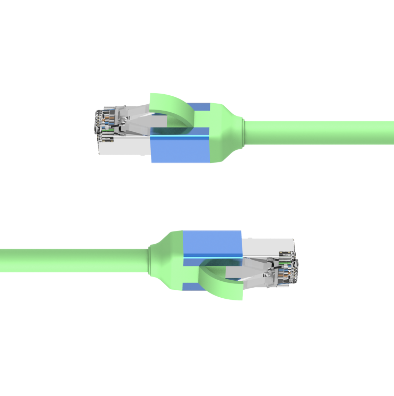 Green Ethernet cable with blue connectors on a white background