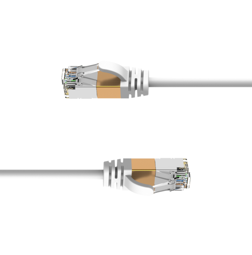 Two Ethernet cables with gold connectors on a white background