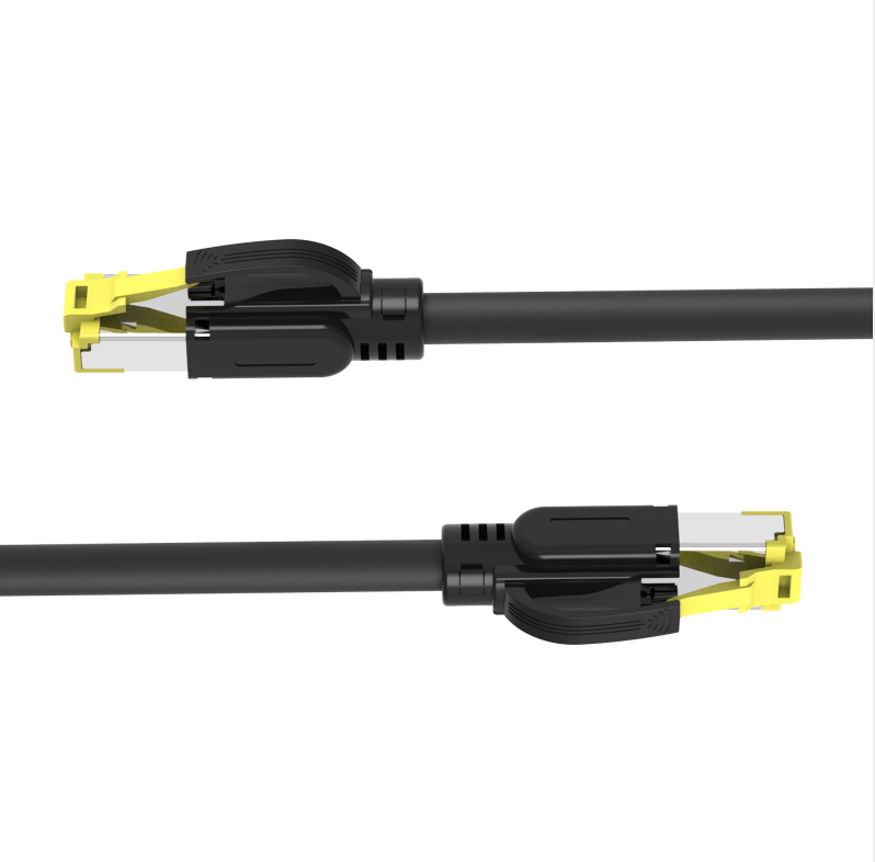 Close-up of shielded RJ45 connector and reinforced strain relief on industrial PUR-jacket CAT6A cable.