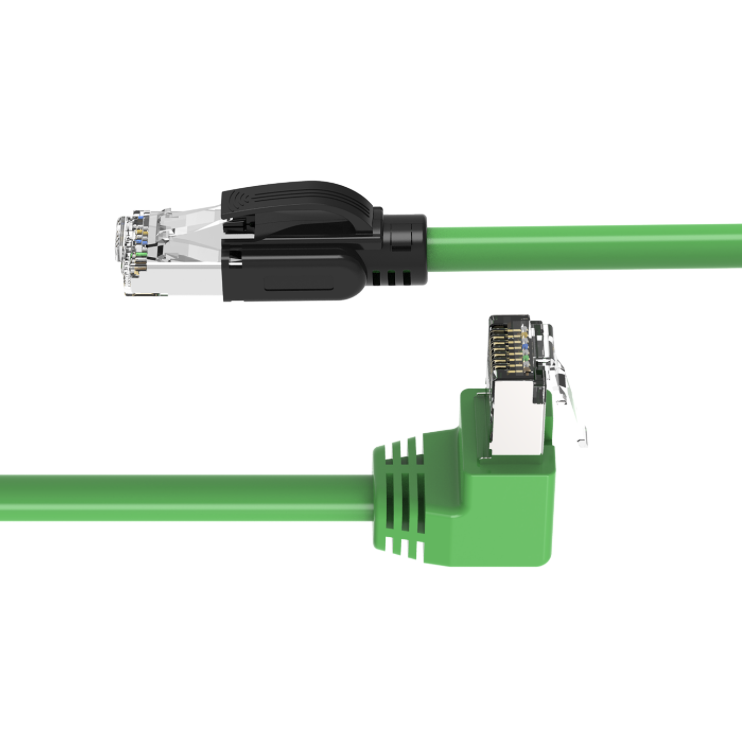 Close-up of up-angle RJ45 connector on green PROFINET CAT6A trailing Ethernet cable