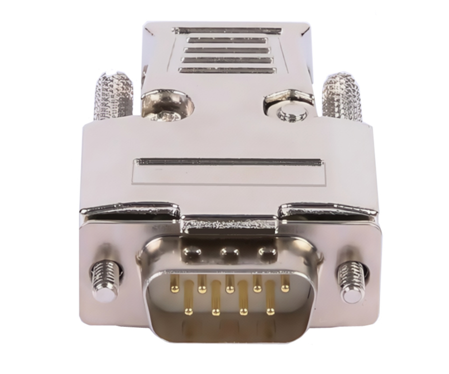 DB9 male connector with metal housing and hollow gold plated pins for RS232 serial communication