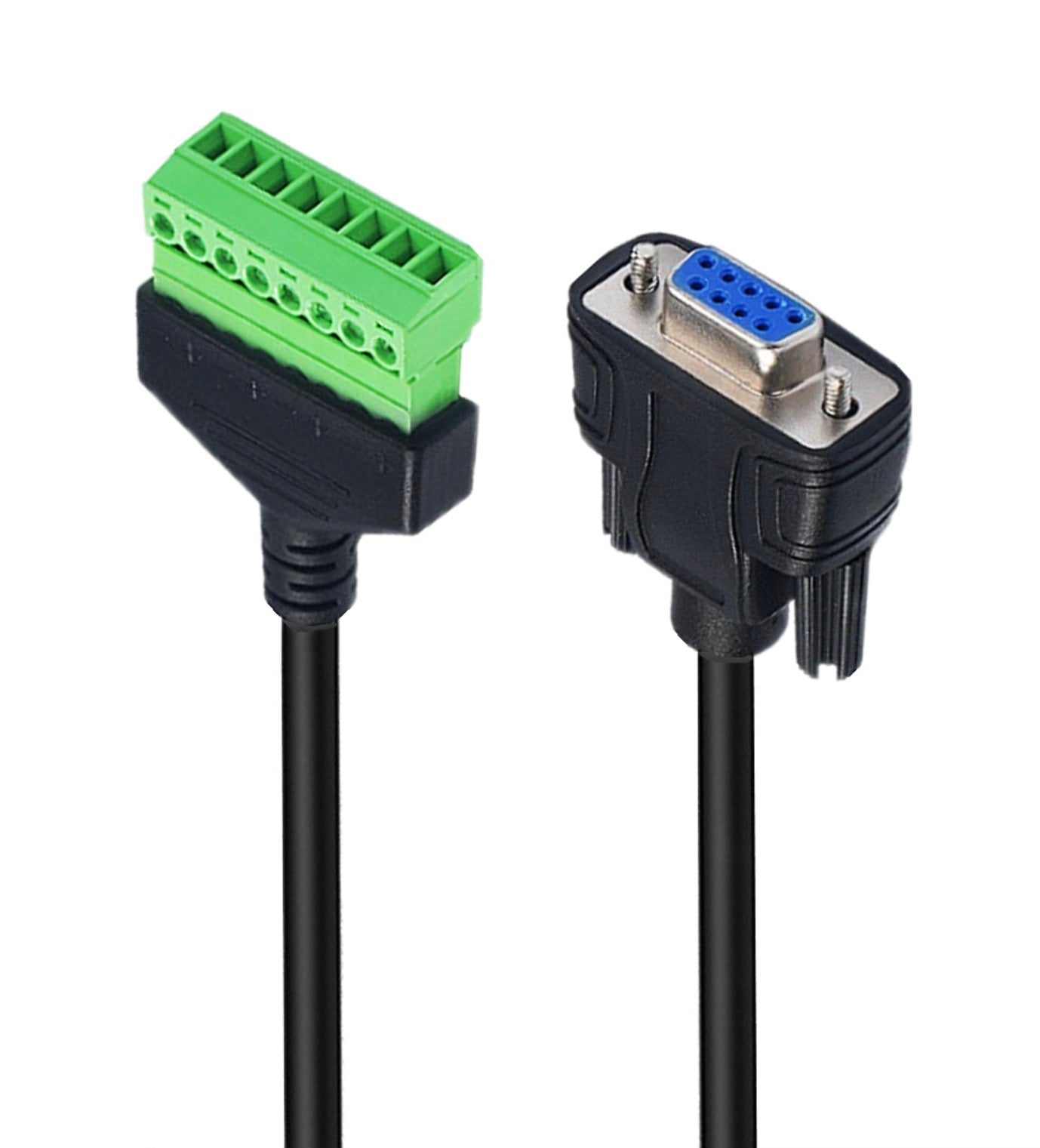 The image shows a DB9 RS232 Female to 8 Pins Terminal Block Extension Cable. It features a DB9 RS232 female connector on a black cable, and an 8-pin screw terminal block on the other end.