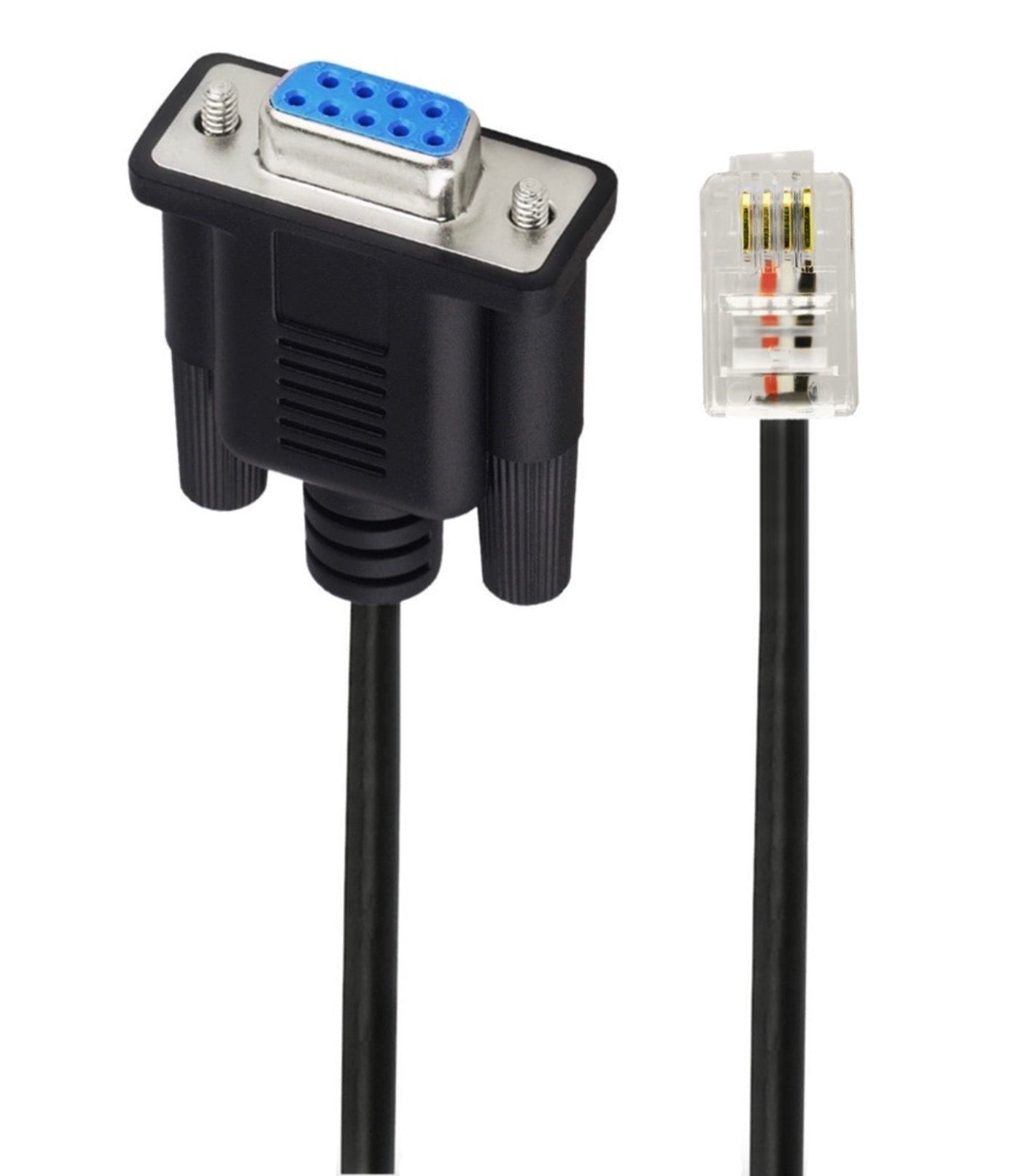 A black DB9 to RS232 RJ9 4P4C RS232 serial cable with a DB9 female connector on one end and an RJ9 male connector on the other.
