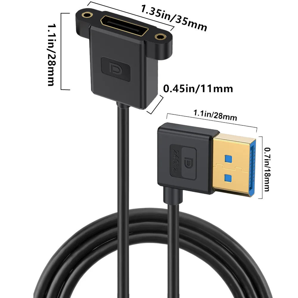 Displayport 1.4 Panel Mount Extension Cable, Ultra-HD DP Male to Female | Silicone 8K/60Hz | Left Angle