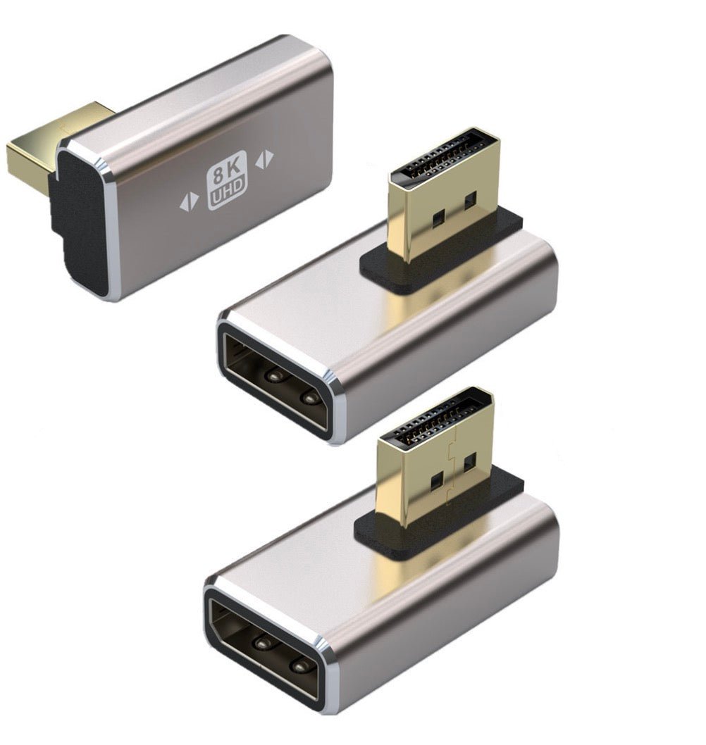 A series of DisplayPort coupler adapters with angled connectors, showcasing variations in design with a metallic finish and gold-plated connectors.