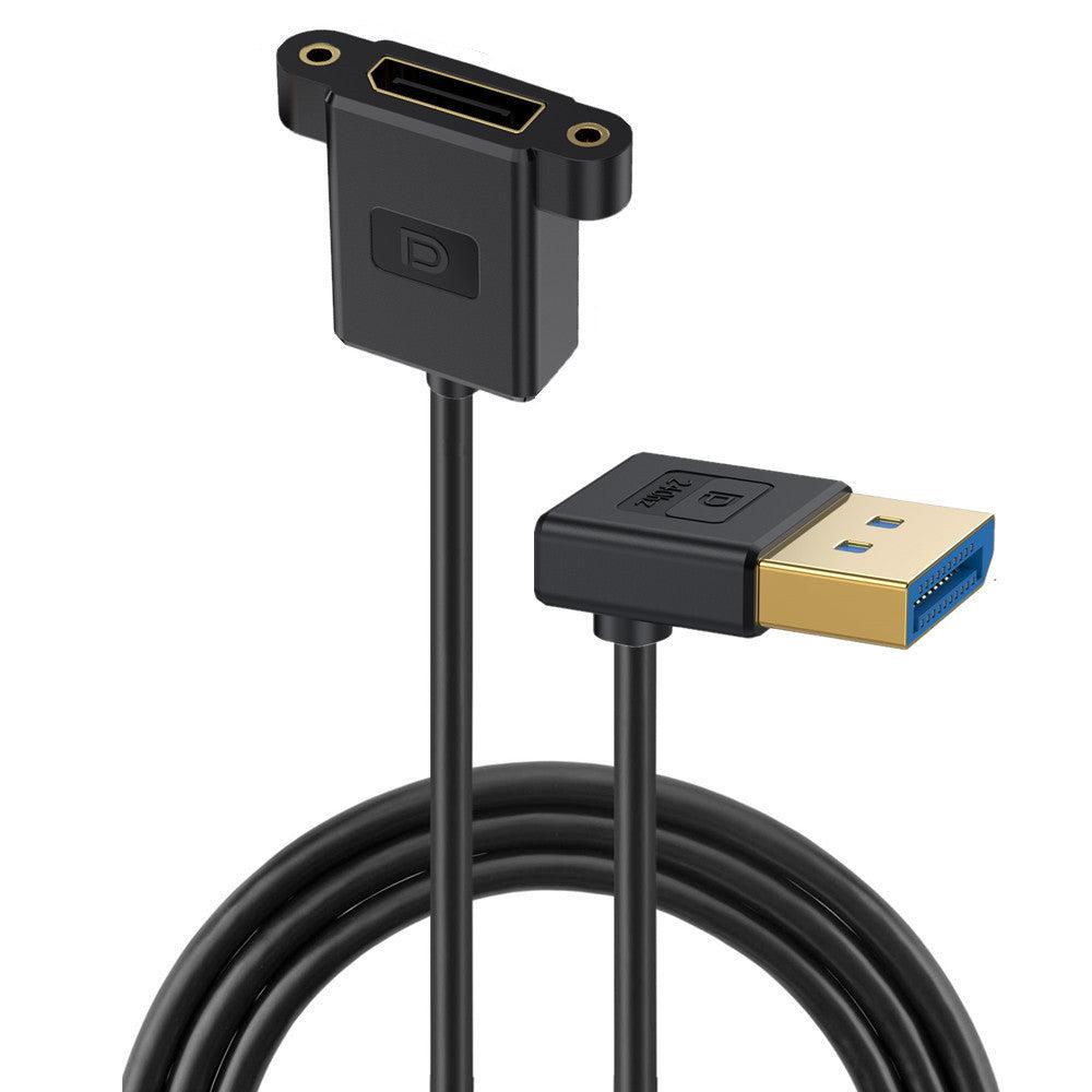 A black silicone extension cable with a male DisplayPort connector on one end and a female DisplayPort connector on the other, with a gold-plated connector on the male end.