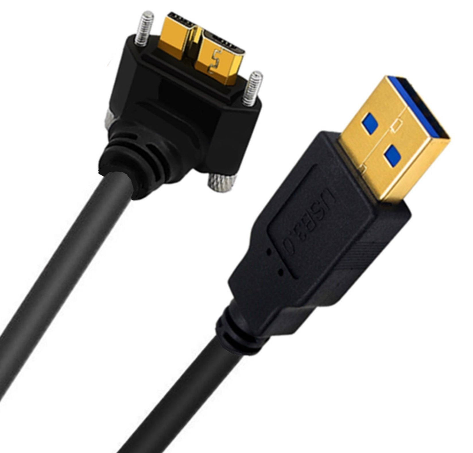 Black USB cable with angled connector on a white background