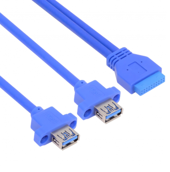 Blue USB extension cable with different connectors on a white background