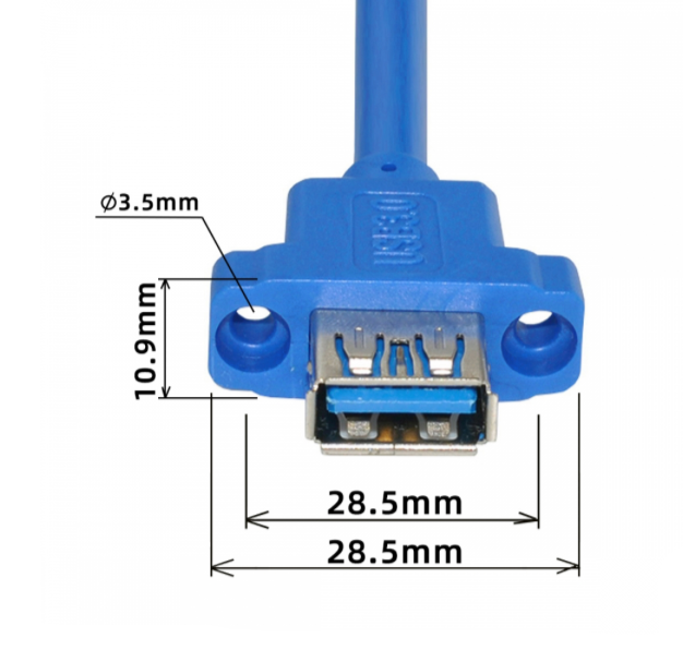Blue USB connector with dimensions labeled on a white background