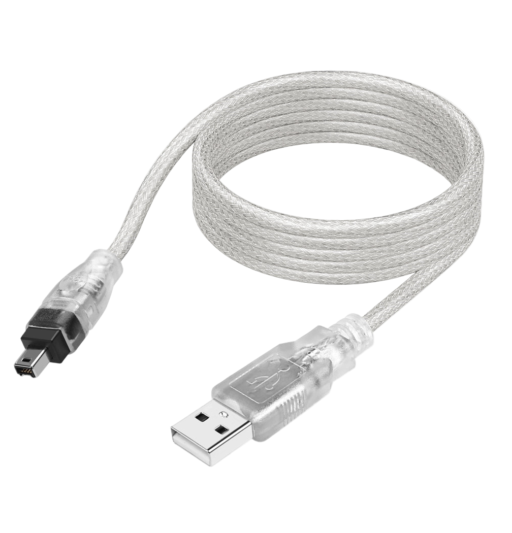 USB cable with one end being a standard USB connector and the other an industrial plug on a white background