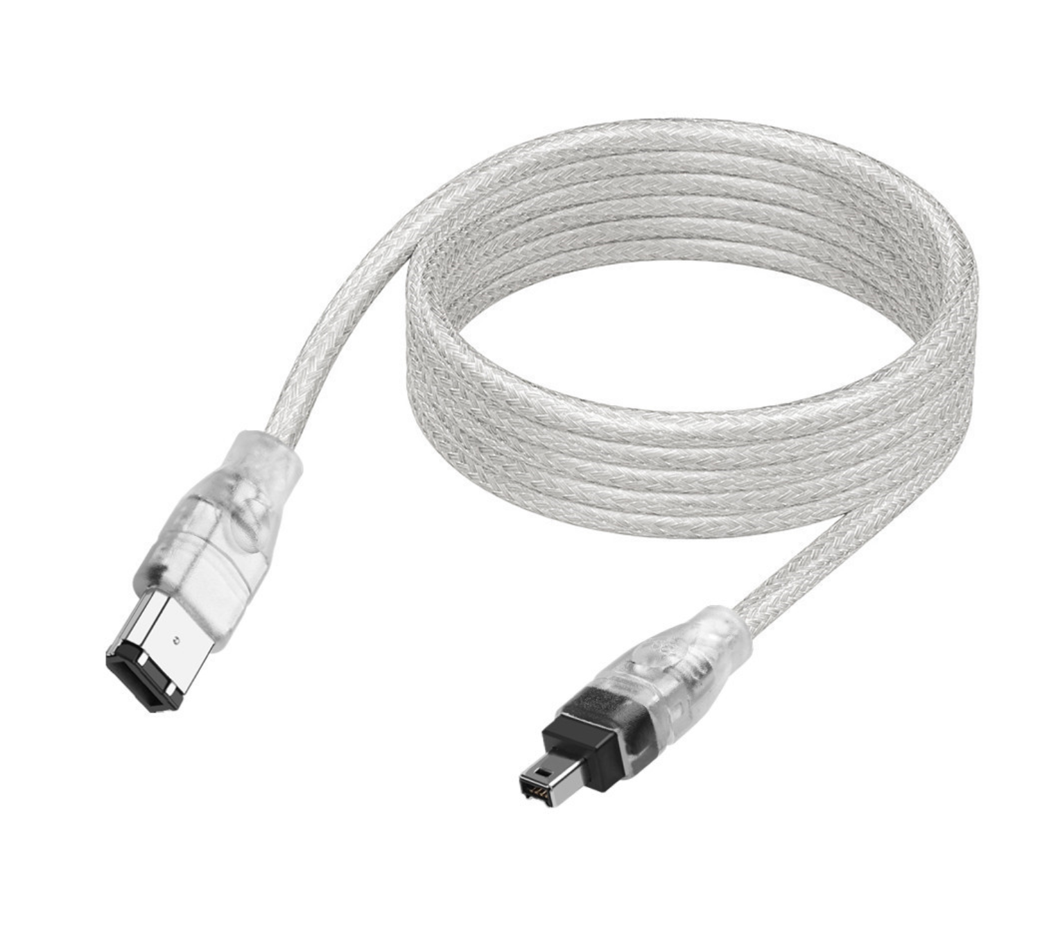White braided USB cable with connectors on a white background