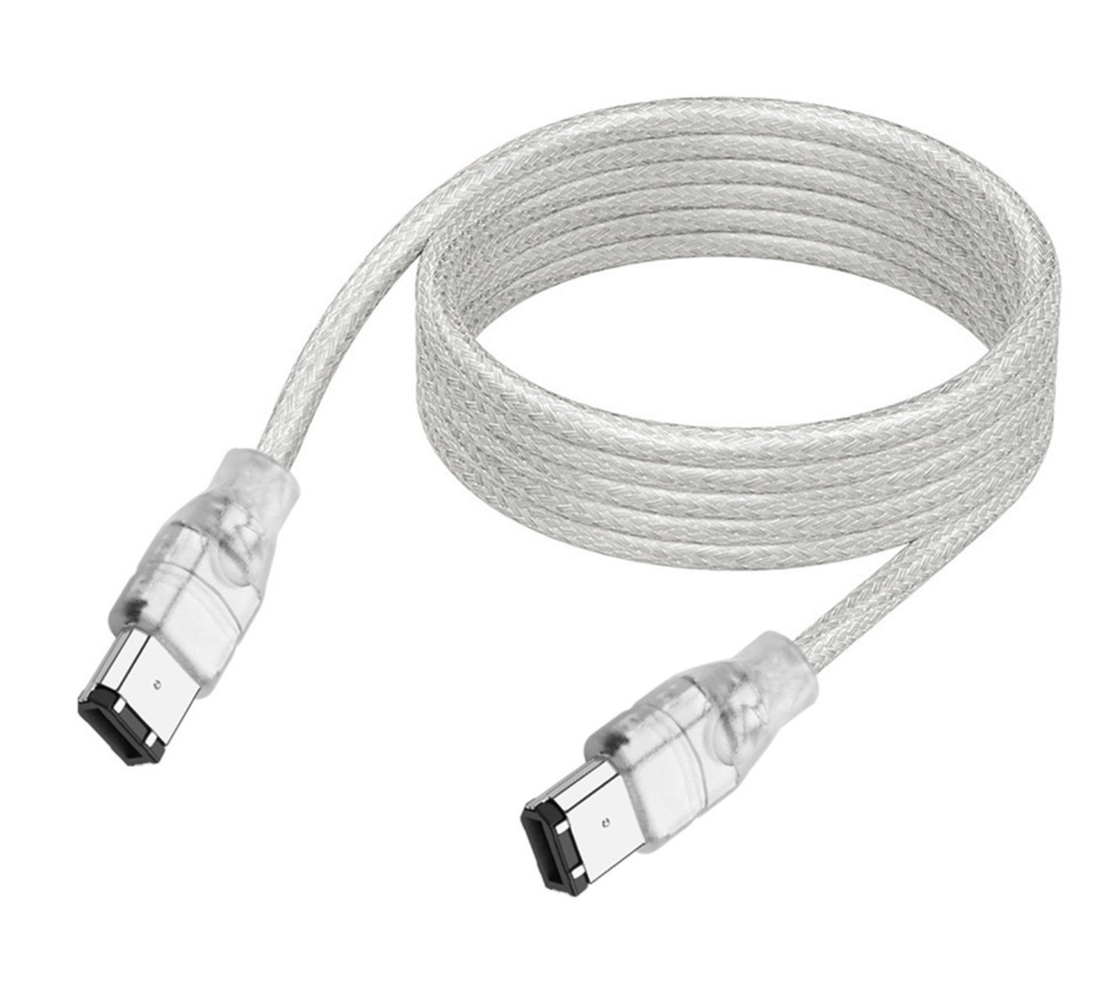 White braided USB cable with connectors on a white background