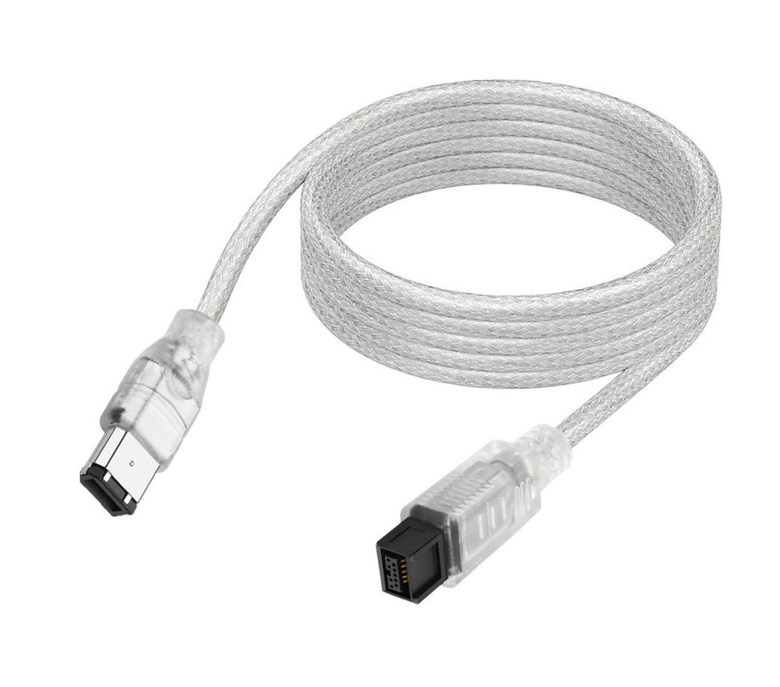 White braided cable with connectors on a white background