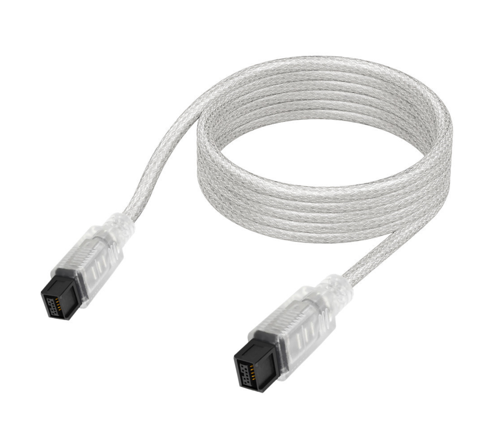 White braided cable with connectors on a white background