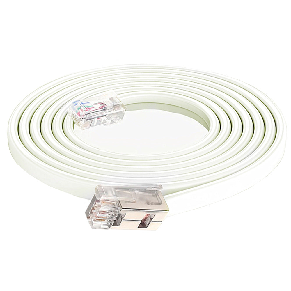 White Ethernet cable with clear connectors on a white background