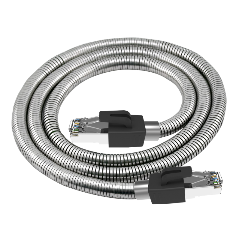 Flexible drag-chain rated steel-armored Ethernet cable showing connector detail and armored jacket