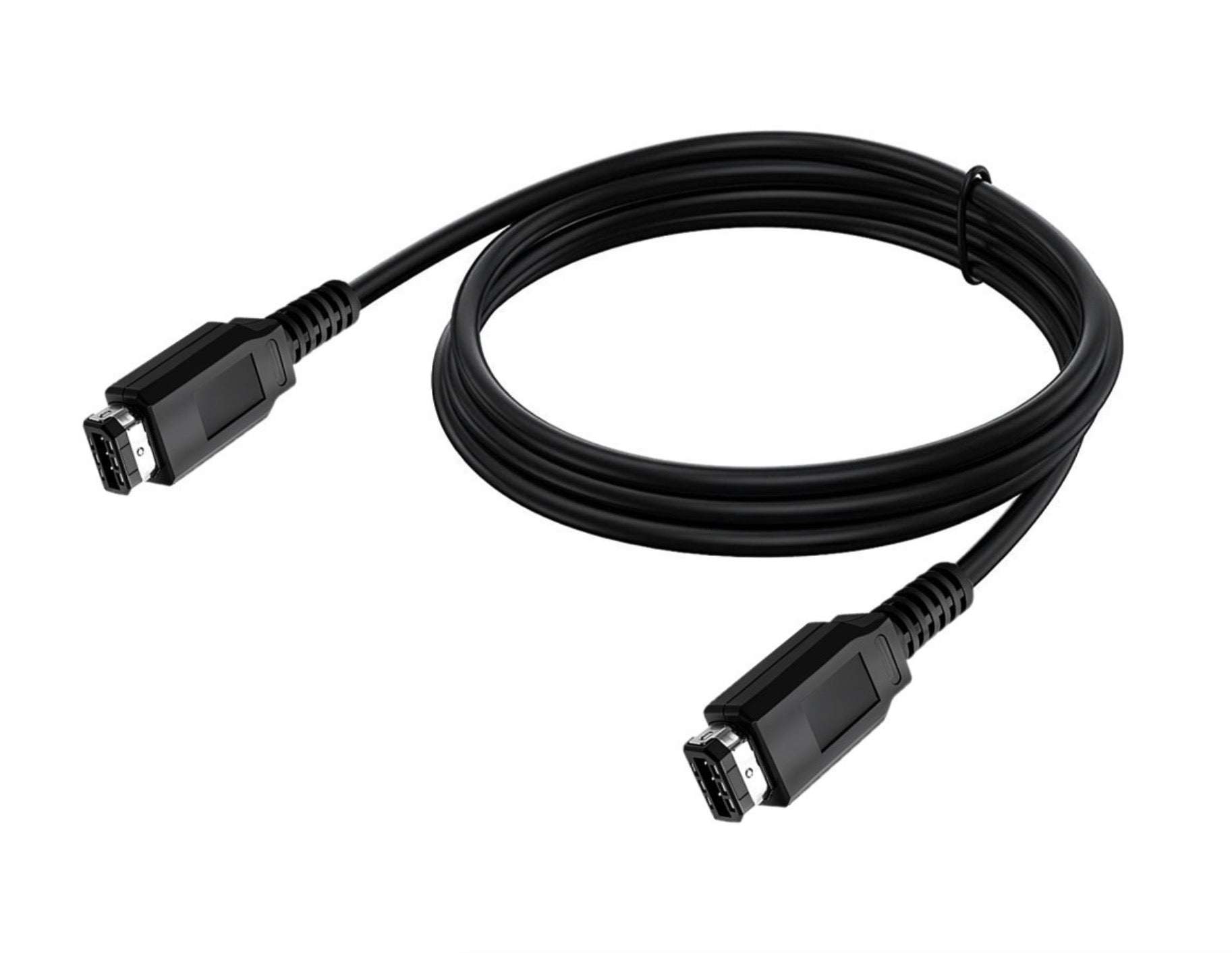 Black cable with connectors on a white background