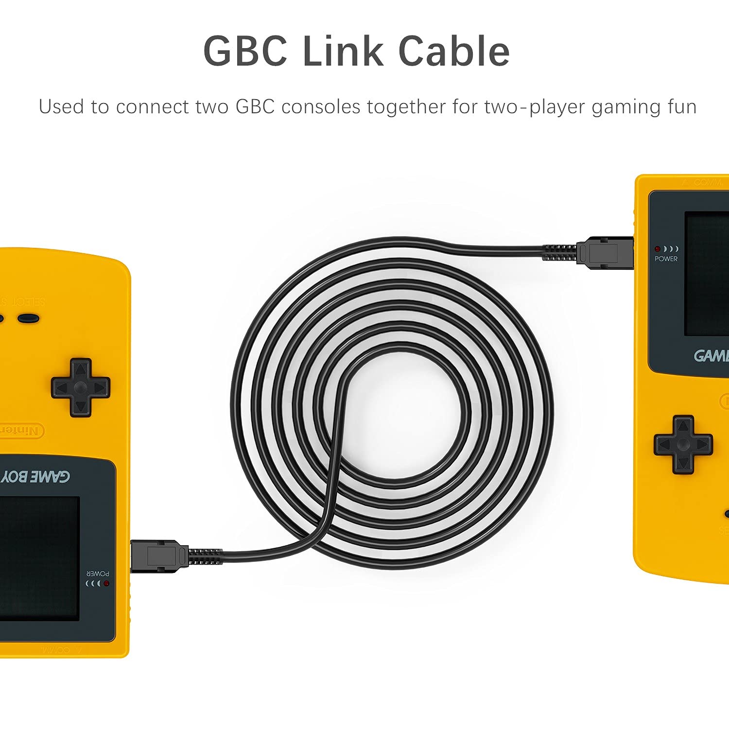 GBC Link Cable connecting two Game Boy Color consoles on a white background