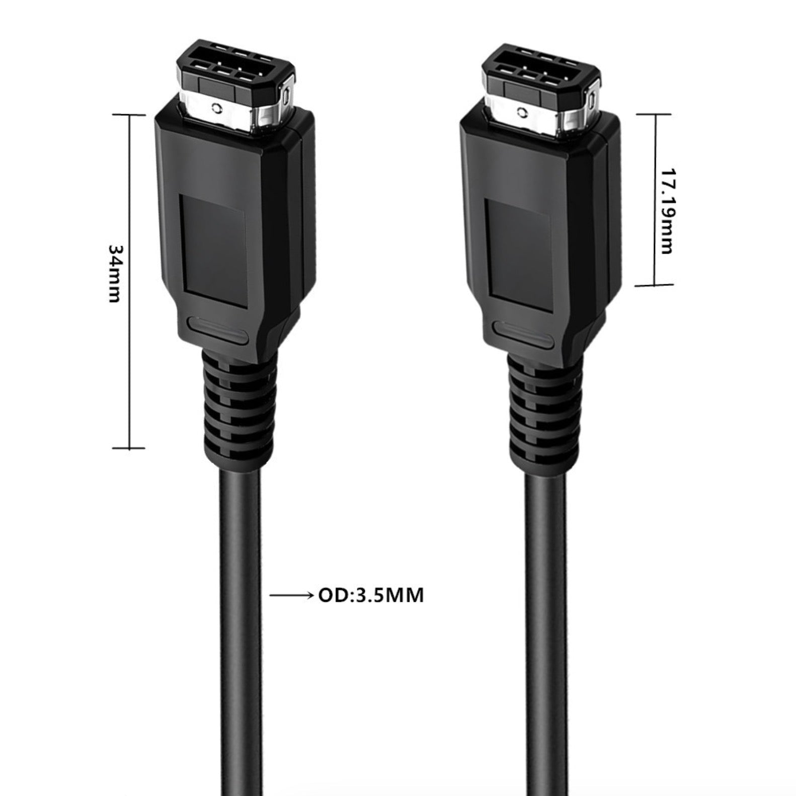 Two black connectors with measurements on a white background