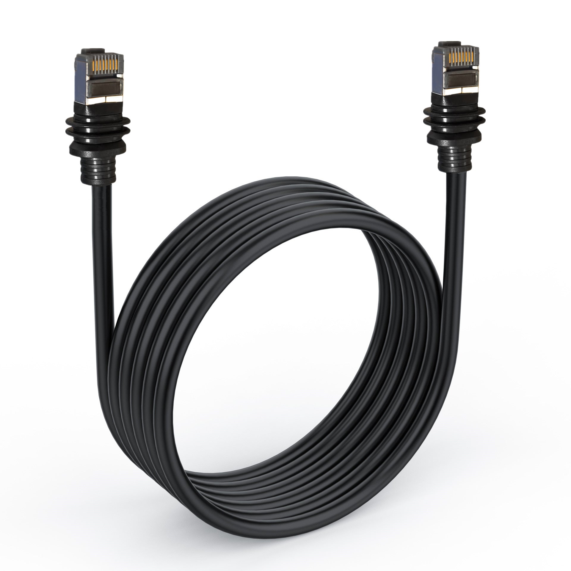 Coiled black Ethernet cable with connectors on a white background