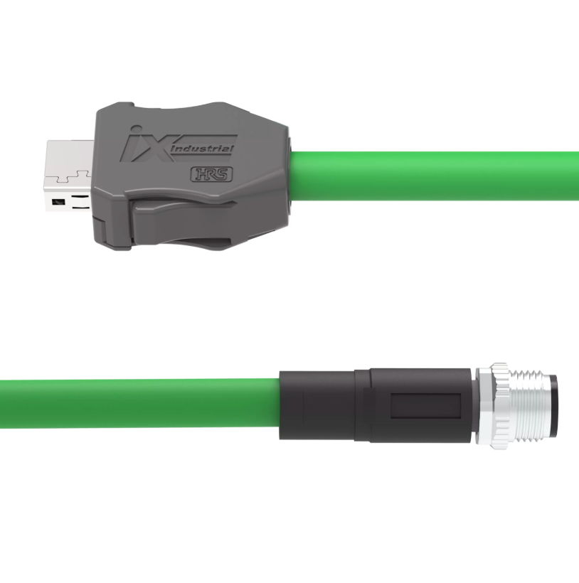 Green CAT6A IX to M12 D-coded male industrial Ethernet cable assembly