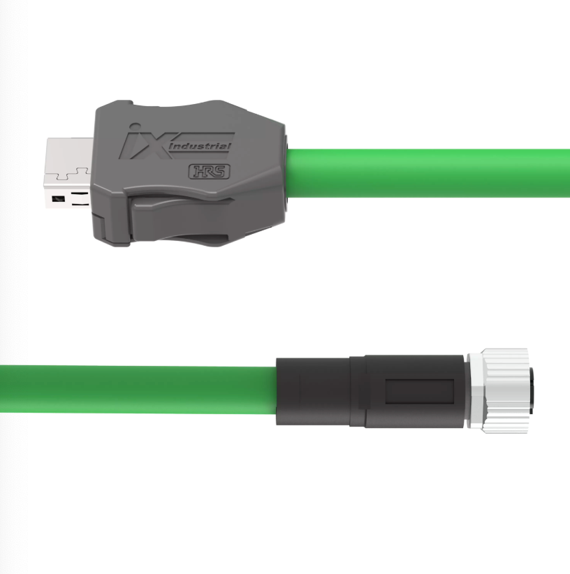 Green cable with a gray connector on a white background